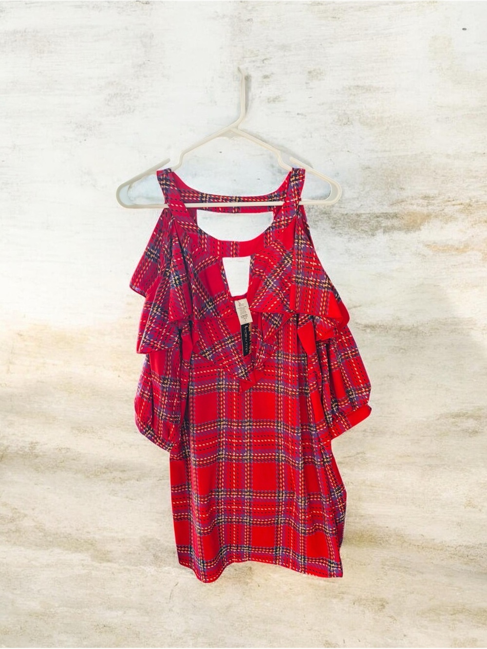 Ladies Main Strip Plaid Ruffle Cold-Shoulder Dress